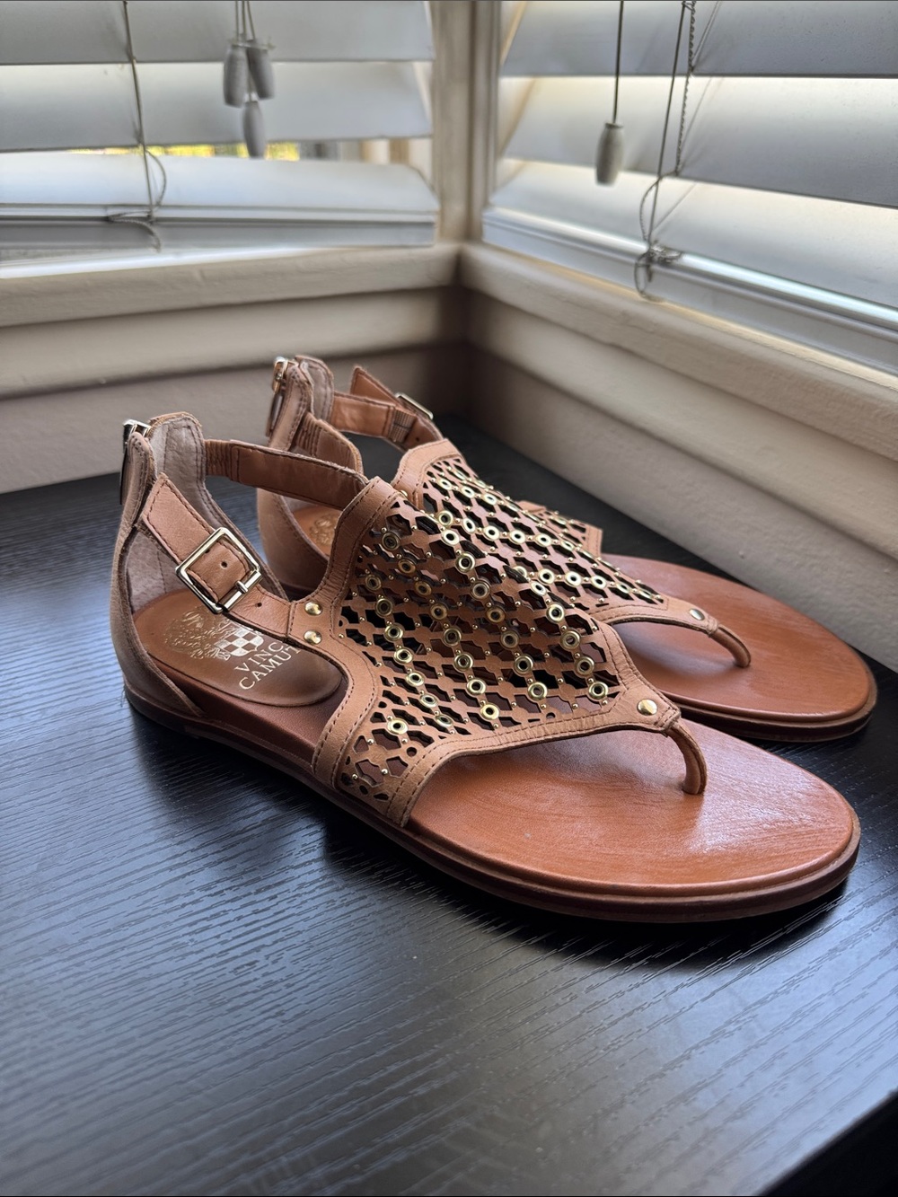 Vince Camuto Tan Brown Laser-Cut Thong Sandals with Stud Accents
